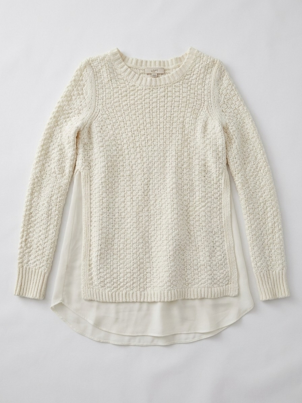 LOFT Cream Textured Crewneck Sweater with Layered Back Hem